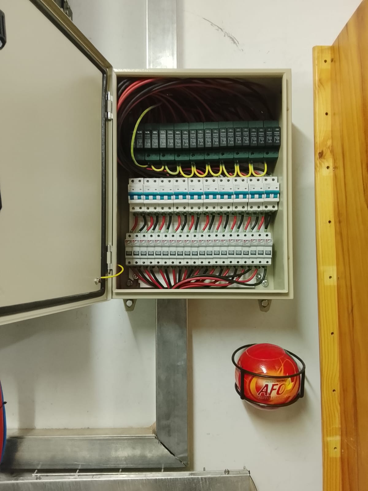 DC distribution board with circuit breakers and surge protection — solar system